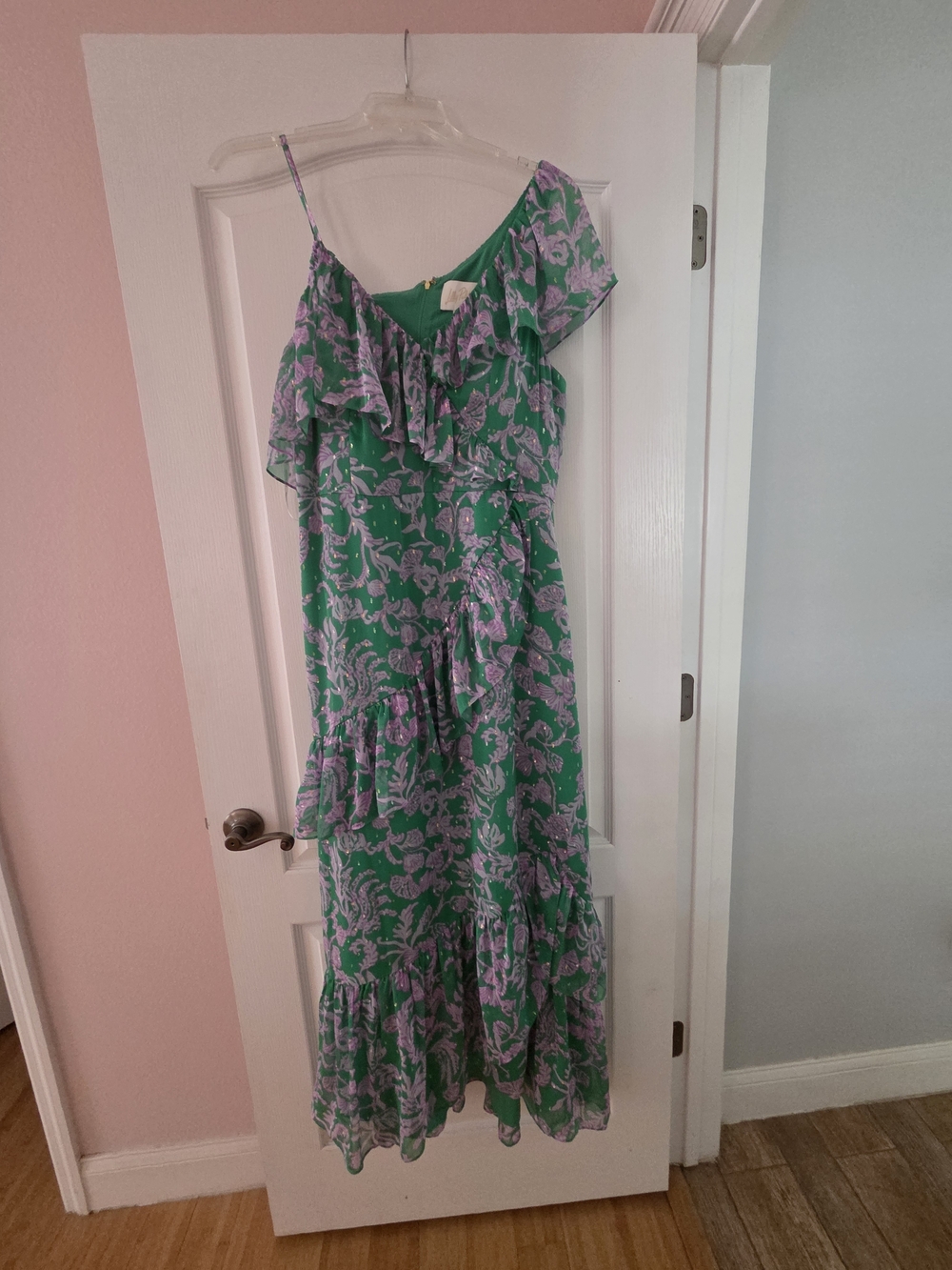 Lilly Pulitzer Rosalynn Asymmetric Green and Lavender Ruffled Floral Maxi Dress